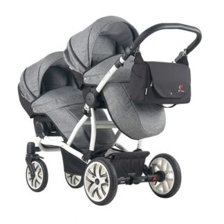 ბავშვის სასეირნო ეტლი Bebetto42 Sport ტყუპებისთვის, ნაცრისფერი, შავი, შასი თეთრი / BIA